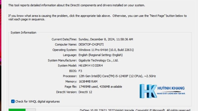 Sử dụng DirectX Diagnostic Tool